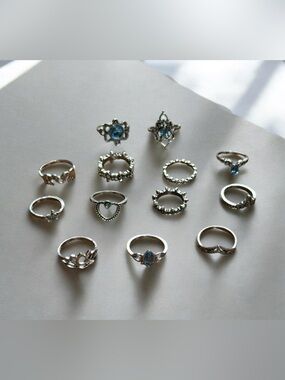 Boho 13pc Silver Tone Blue Faux Crystal Stacking Midi Ring Set NEW